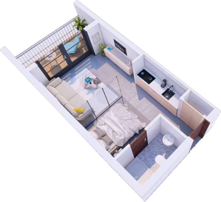 3D-plattegrond van het appartement met één slaapkamer: woonkamer, slaapgedeelte achter glas, keuken, badkamer en balkon