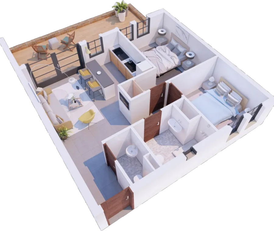 3D-plattegrond van het appartement met twee slaapkamers: woonkamer met open keuken en bar, twee slaapkamers, badkamer, apart toilet en een groot terras
