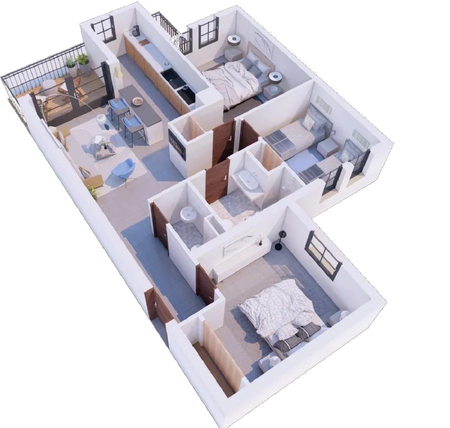 3D-plattegrond van het appartement met drie slaapkamers: woonkamer, keuken, drie slaapkamers, twee badkamers en balkon